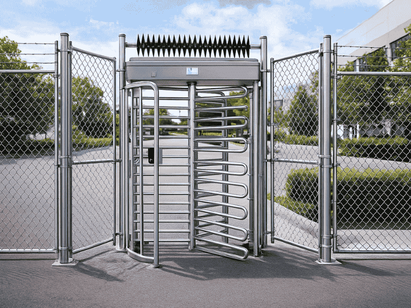 Tourniquetpoort van verzinkt staal met draaibare toegangscarrousel en gaashekwerk voor gecontroleerde toegangsbeveiliging