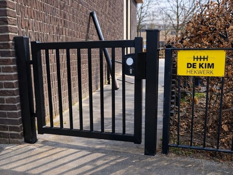 Enkele draaipoort met slot en toegangscontrole bij bedrijfsterrein, stevige metalen poort voor veilige afsluiting met hekwerk