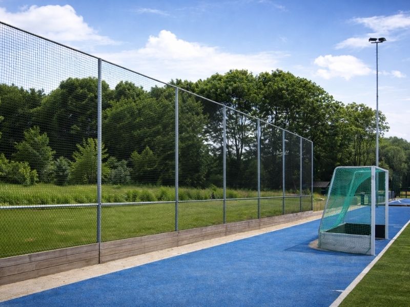 Hekwerk rond hockeyveld van gaashekwerk, voor veilige afbakening en toegangscontrole bij sportterrein.