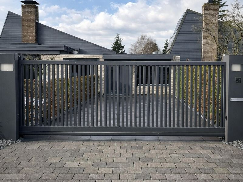 Stalen schuifpoort bij moderne woning, voor toegangscontrole en veilige afsluiting van oprit met strak hekwerk.