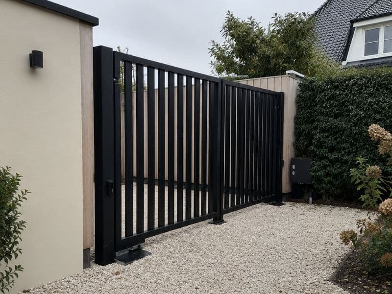 Zwarte lamellen draaipoort bij woning in Wassenaar, voor stijlvolle erfafscheiding en extra privacy.