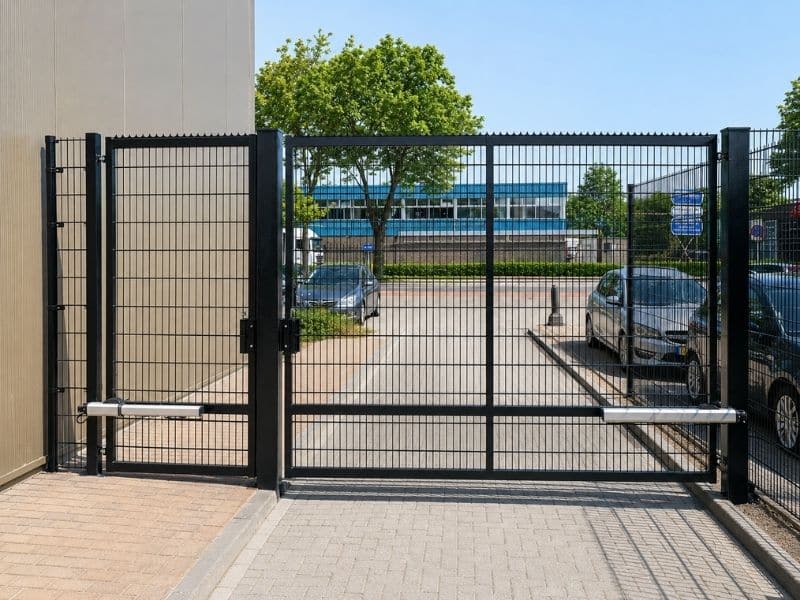 Draaipoort automatiseren met lineaire motoren op stalen draaipoort bij bedrijfsterrein voor automatische toegang