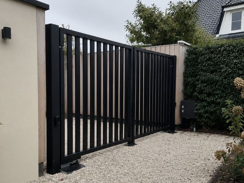 Elektrische draaipoort met verticale spijlen in staal, voor veilige toegangscontrole bij moderne woning.