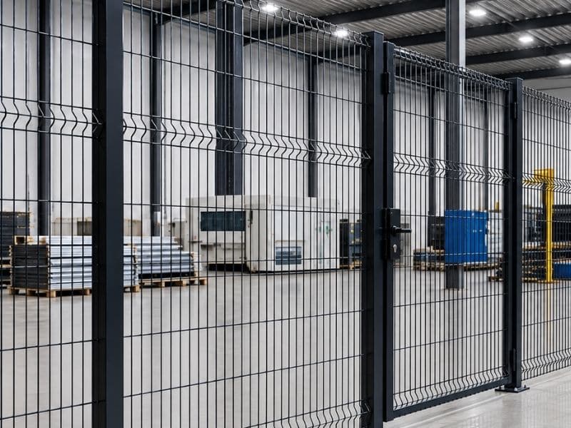 Hekwerk fabriek met stalen gaaspanelen en looppoort voor veilige afscherming van industriële bedrijfsruimte.