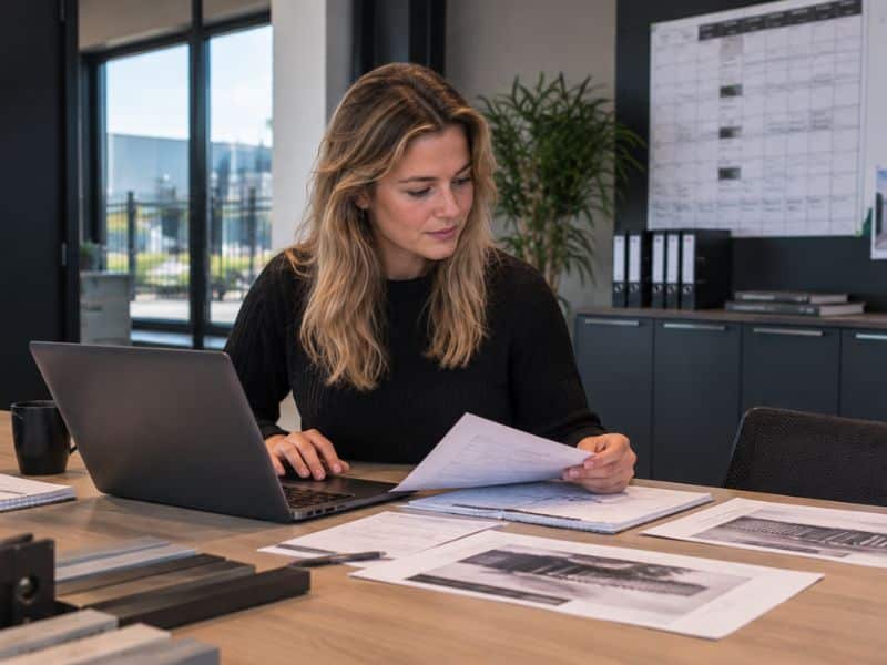 Medewerker Bedrijfsbureau werkt op kantoor met laptop en projectdocumenten