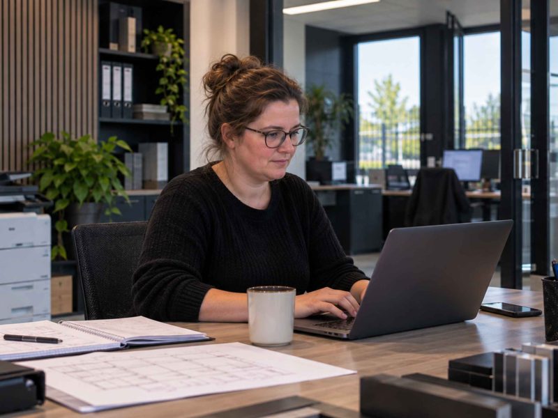 Medewerker Bedrijfsbureau aan het werk met laptop en projectdocumenten op kantoor van De Kim Hekwerk